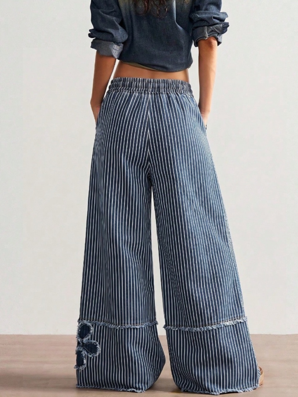 Boho Floral Patchwork Striped Print Wide Leg Denim pants - Picture 5 of 5